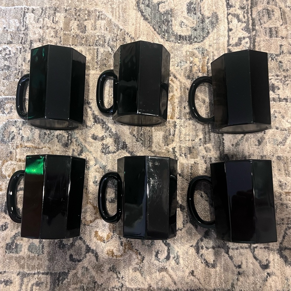 Vintage Black Octagon Glass Mugs Arcoroc France Set of 6